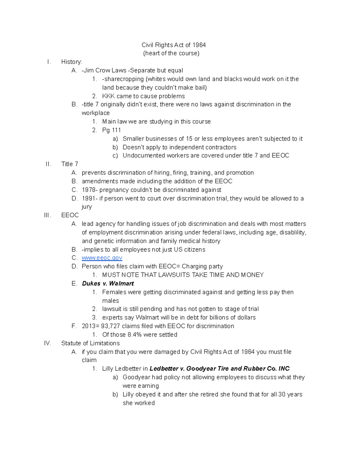 Chapter 3 notes - Google Docs - Civil Rights Act of 1964 (heart of the ...