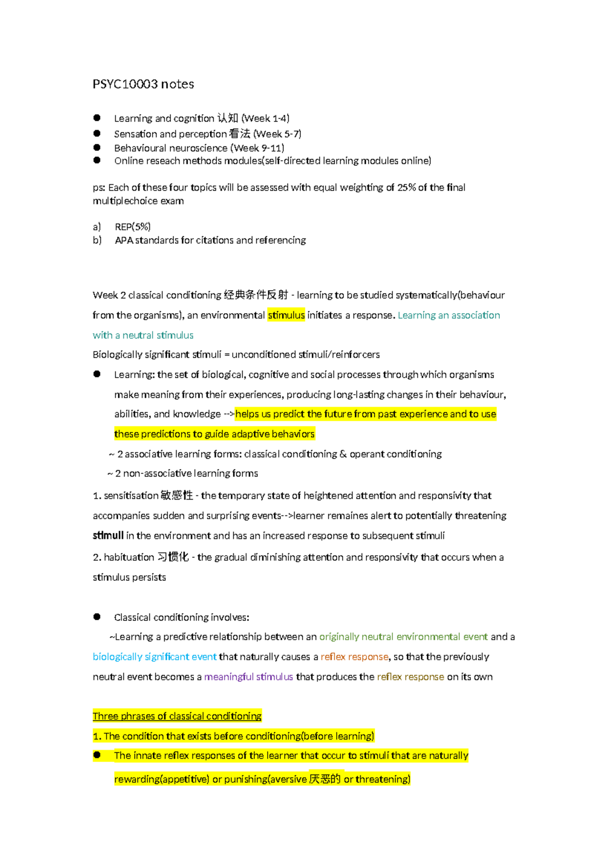 PSYC10003 notes - PSYC10003 notes Learning and cognition 认知 (Week 1-4 ...