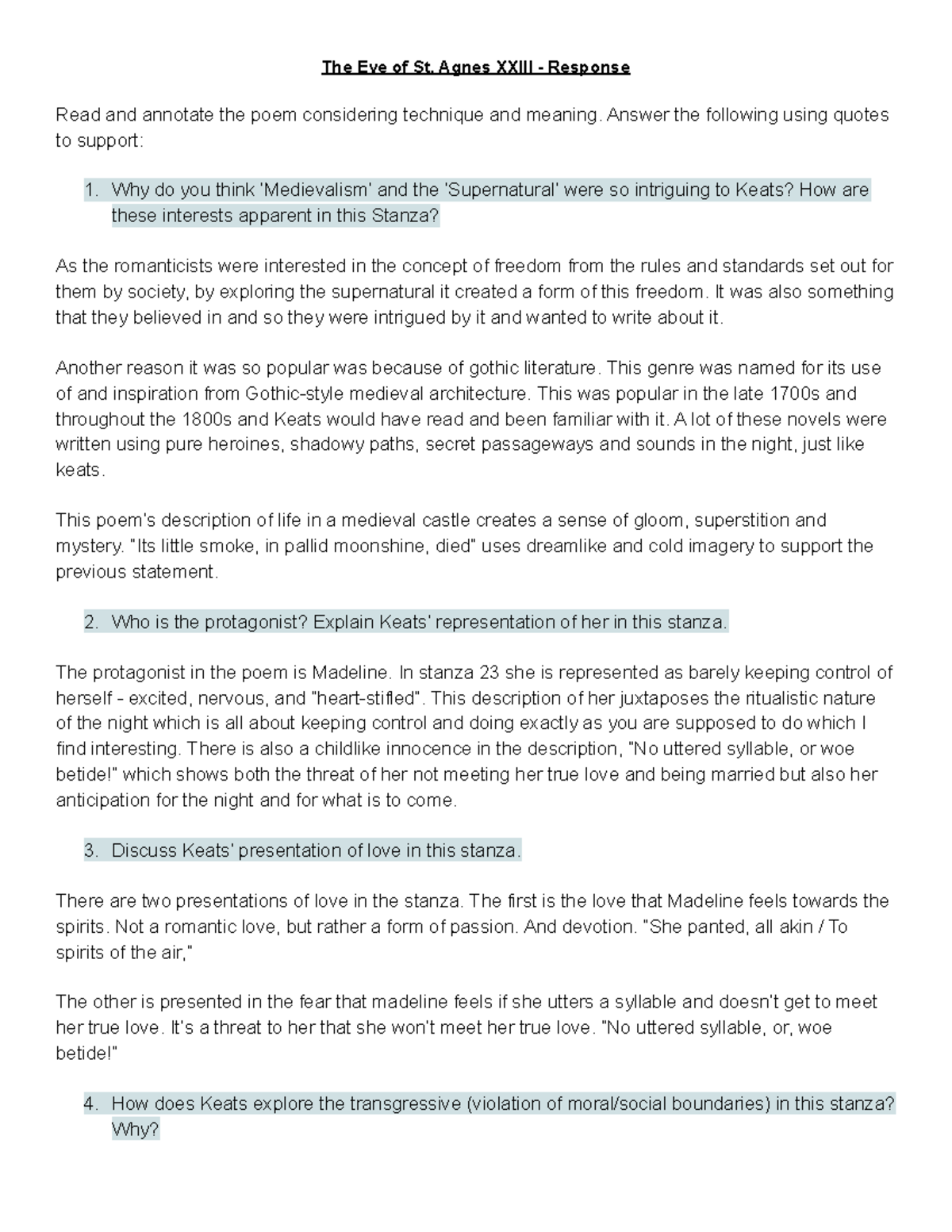 The Eve of St Agnes q and a English Advanced HSC John Keats The