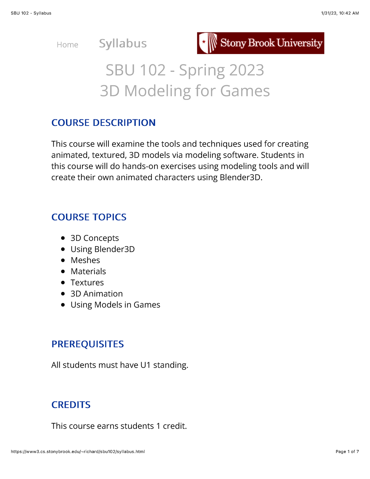SBU 102 - Syllabus - Home SyllabusSyllabus Schedule HWs SBU 102 - Spring  2023 3D Modeling for Games - Studocu