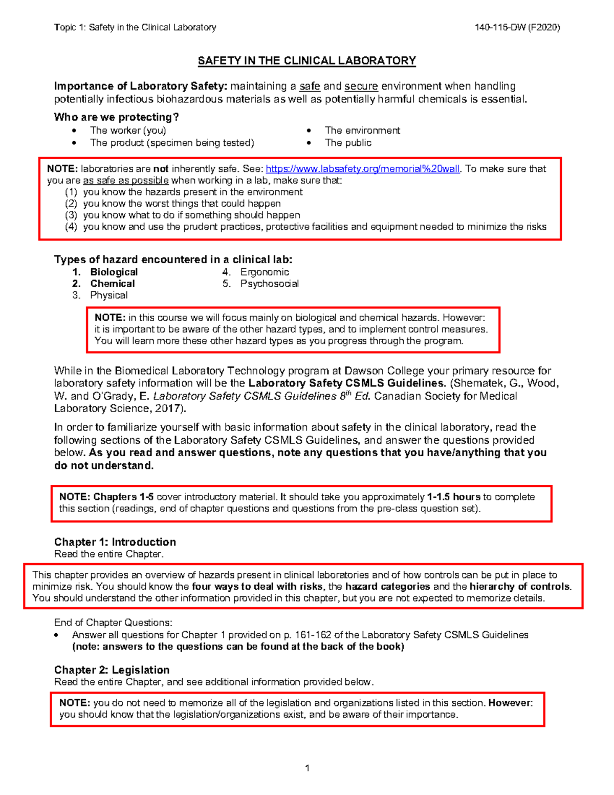 Lecture Notes Topic 1 - Safety in the Clinical Laboratory - 140-115-DW ...