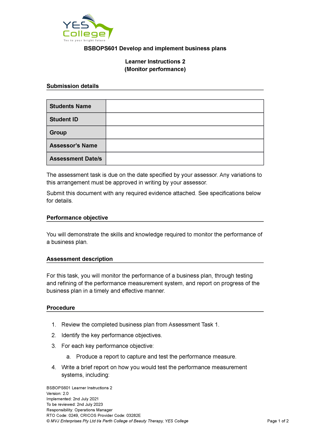 bsbops601 develop and implement business plans task 1