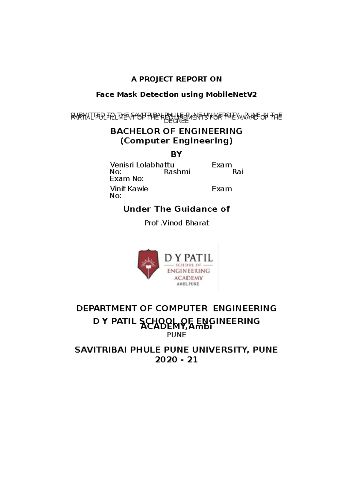 Fmd report MARKETING A PROJECT REPORT ON Face Mask Detection using