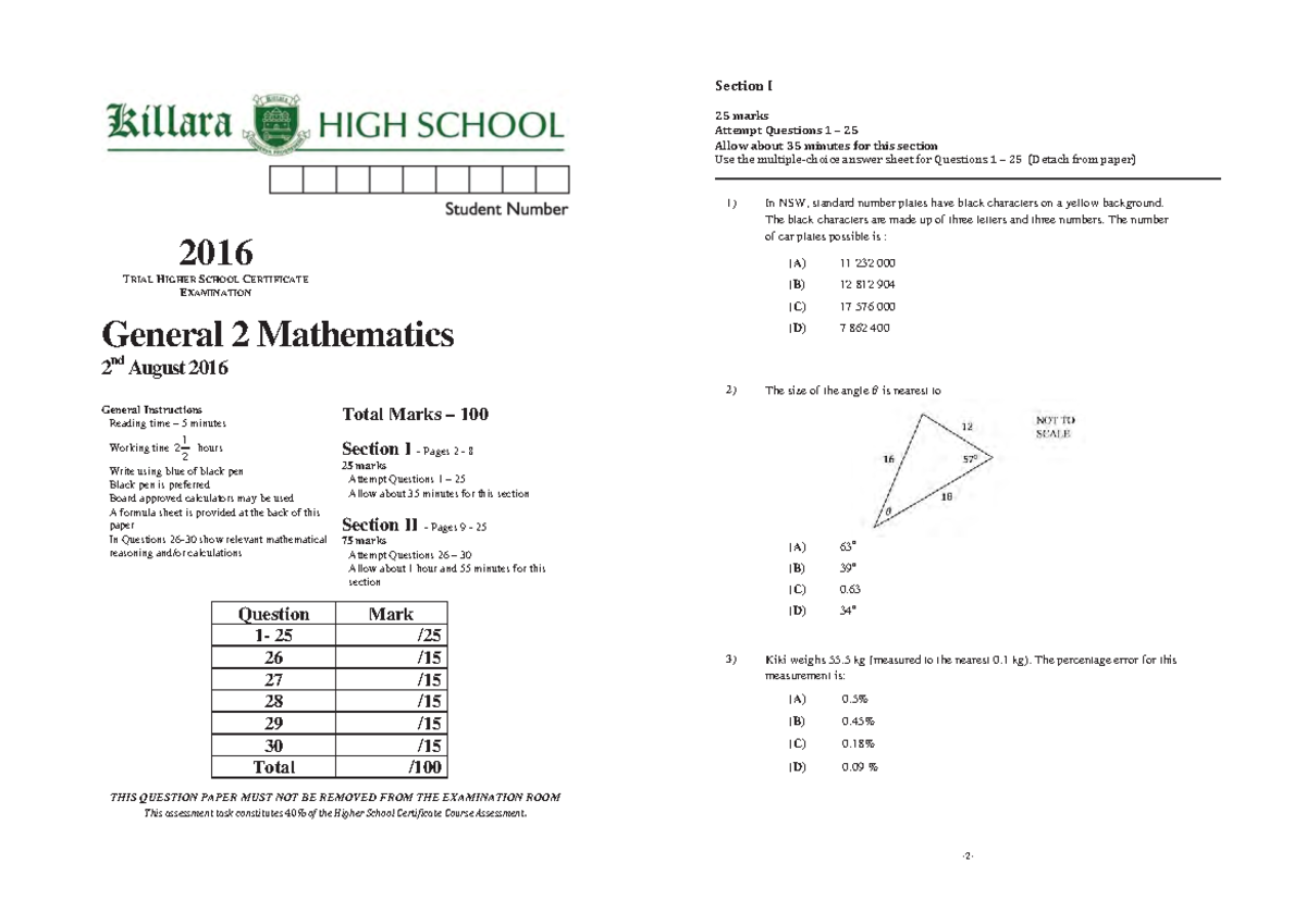 2016 General Maths - Killara Trial with Solutions - ####### 2016 T RIAL ...