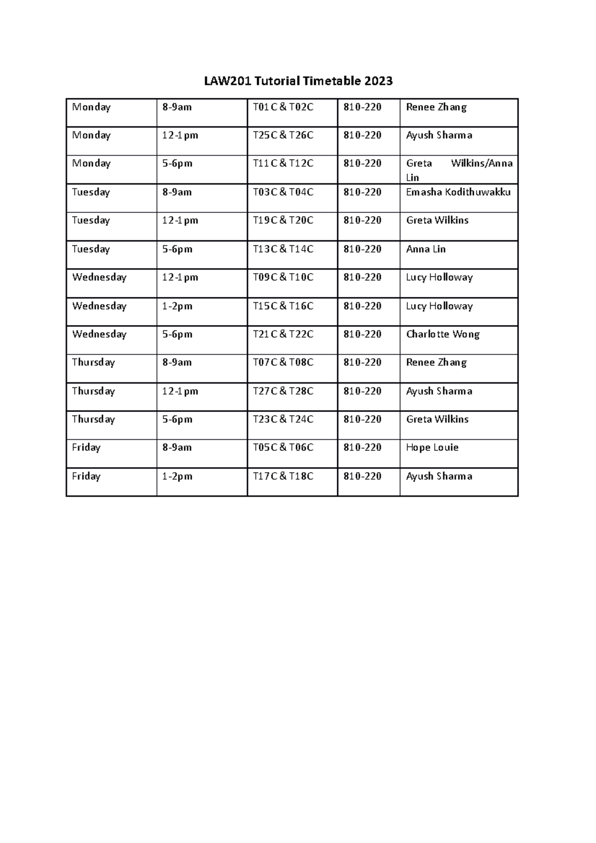 LAW201 Tutorial timetable 2023 LAW201 Tutorial Timetable 2023 Monday
