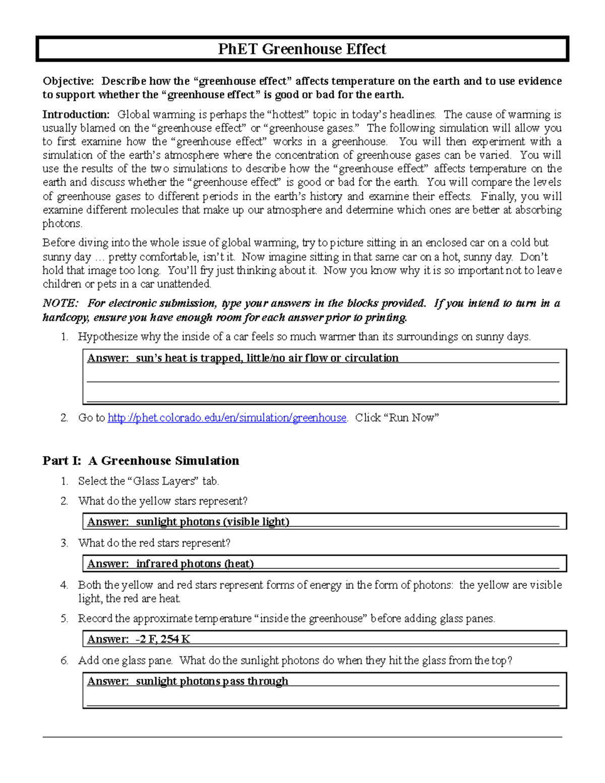 Greenhouse Effect Phet Key Lab Report Chemistry 2nd Semester PhET Greenhouse Effect Objective 