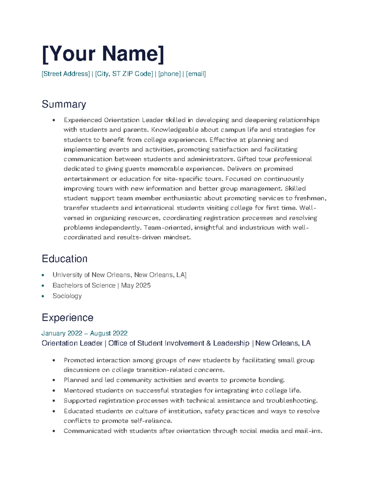 Resume - [Your Name] [Street Address] | [City, ST ZIP Code] | [phone ...