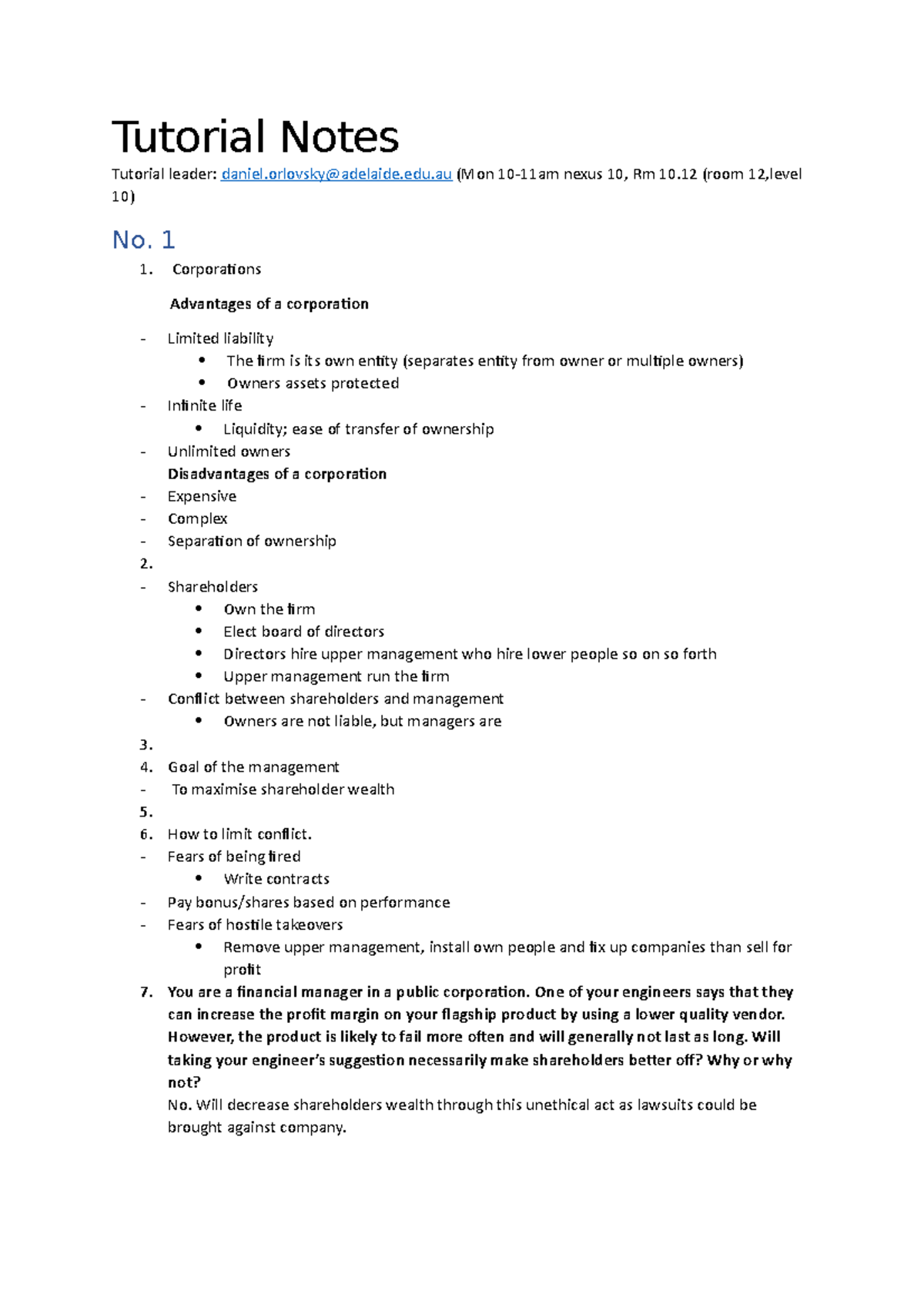 Tutorial Notes - Tutorial Notes Tutorial leader: daniel@adelaide.edu ...