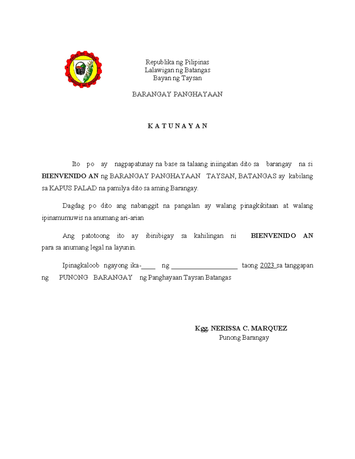 New certificate of indigency - Republika ng Pilipinas Lalawigan ng ...