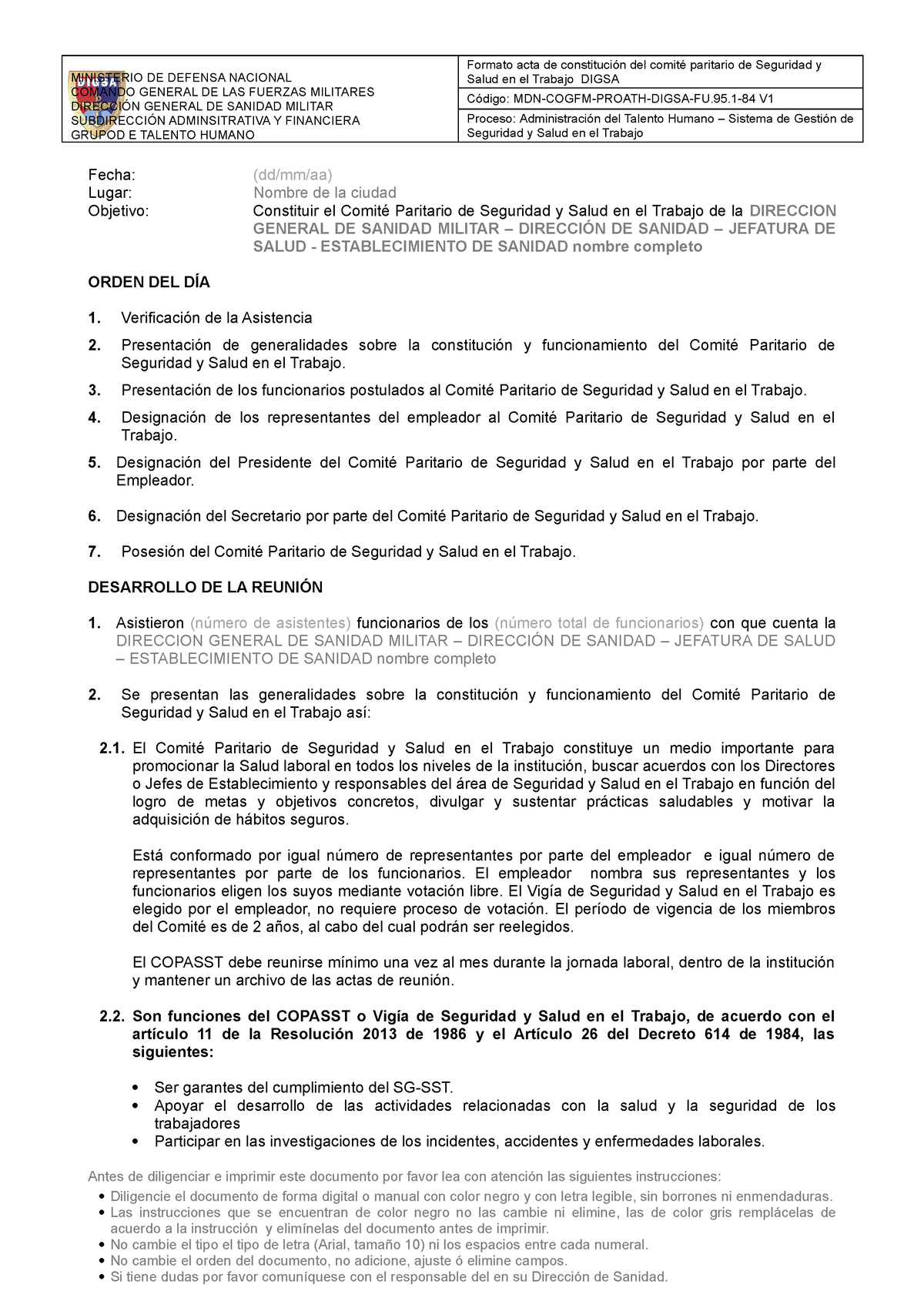 Formato acta de constitucion del comite paritario de seguridad y salud ...