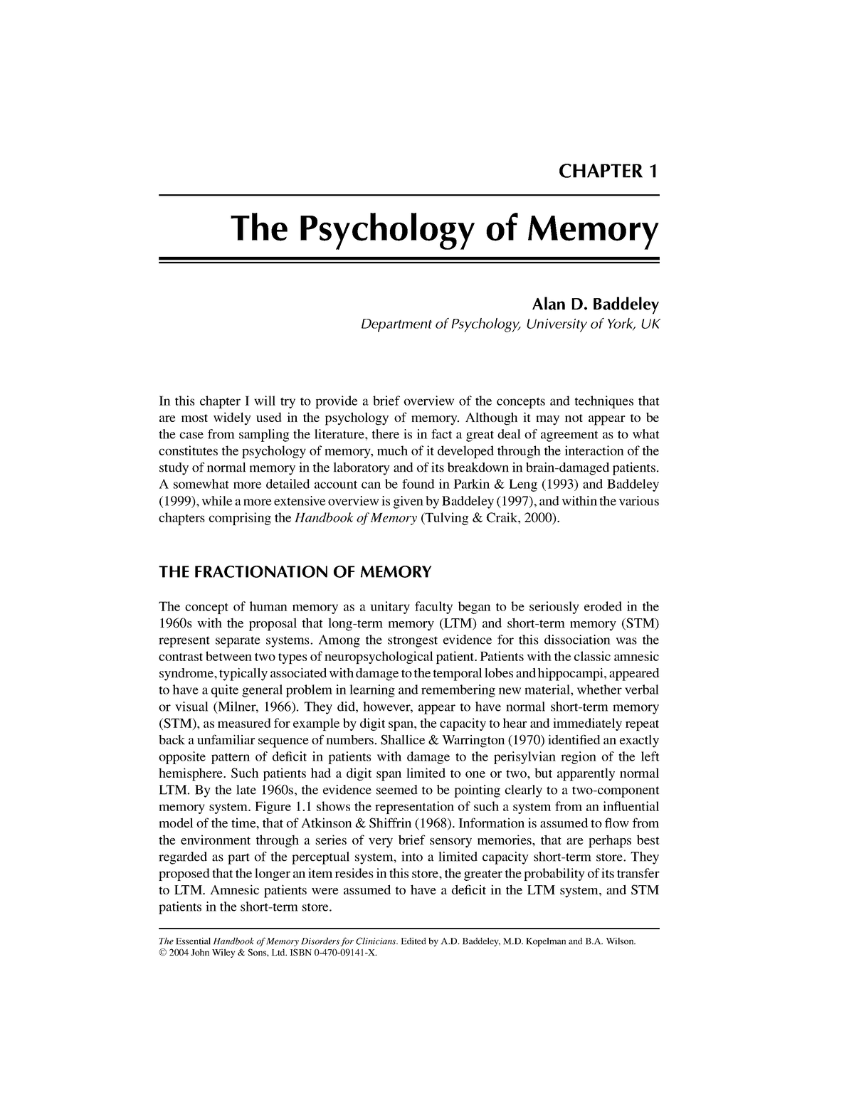 Psychology Of Memory - CHAPTER 1 The Psychology Of Memory Alan D ...