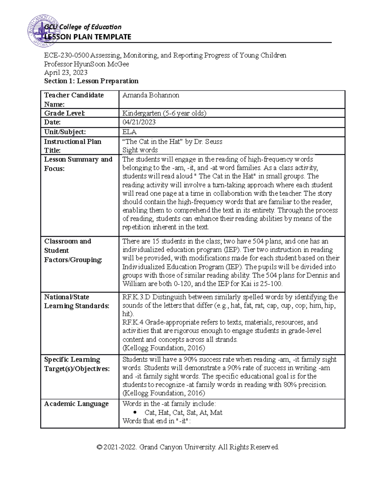 Benchmark - Data-Driven Lesson Planning - LESSON PLAN TEMPLATE ECE-230 ...