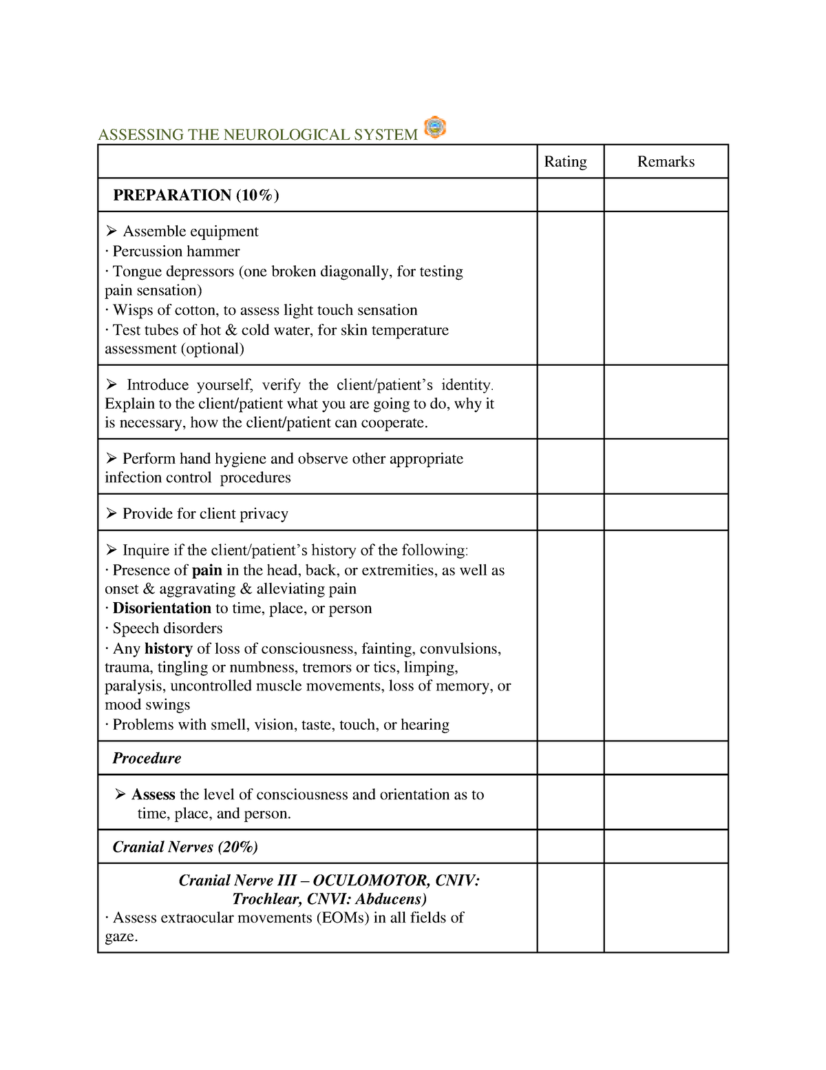 Assessing THE Neurological System checklist - ASSESSING THE ...