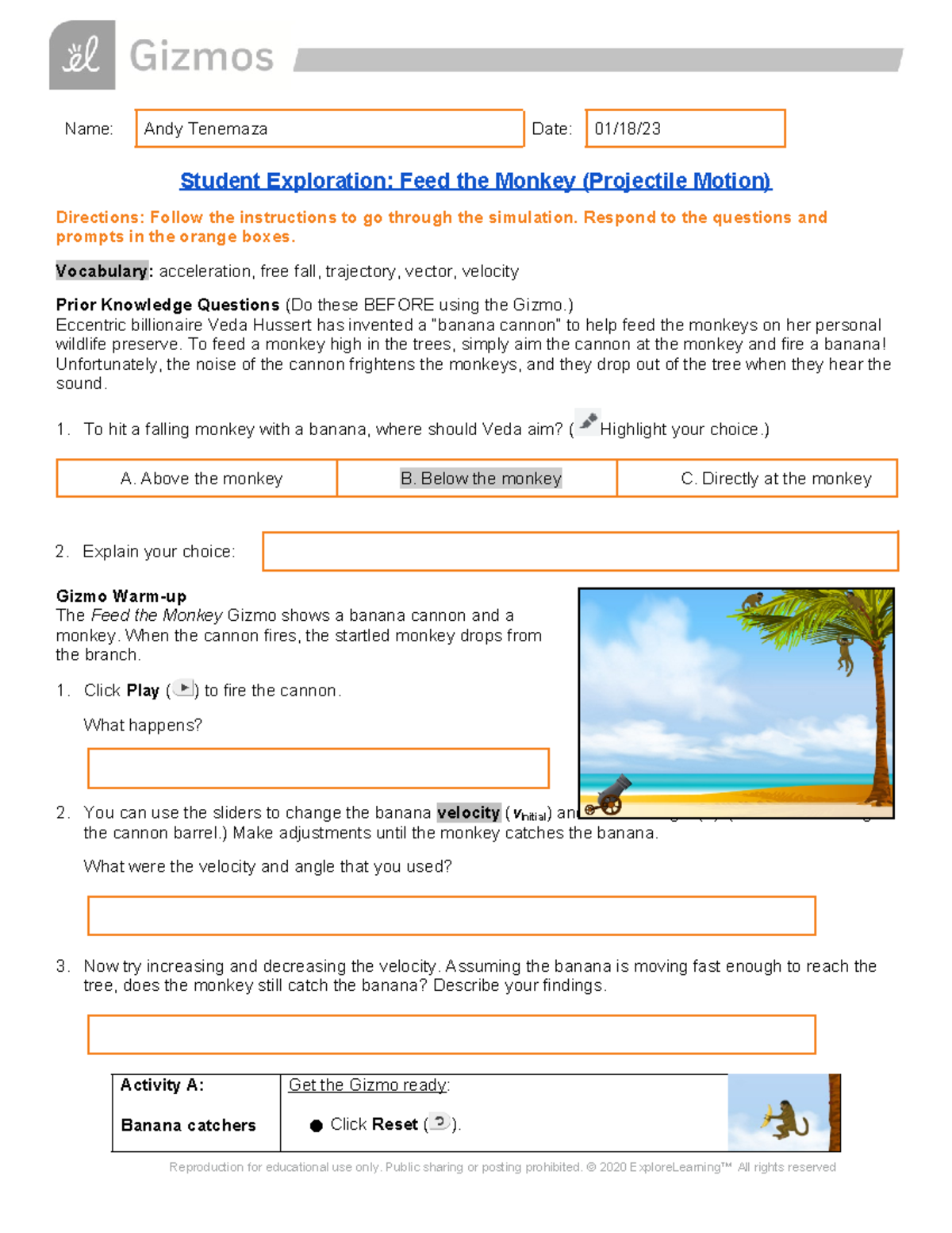Feed the Monkey Lab Name Andy Tenemaza Date 01/18/ Student