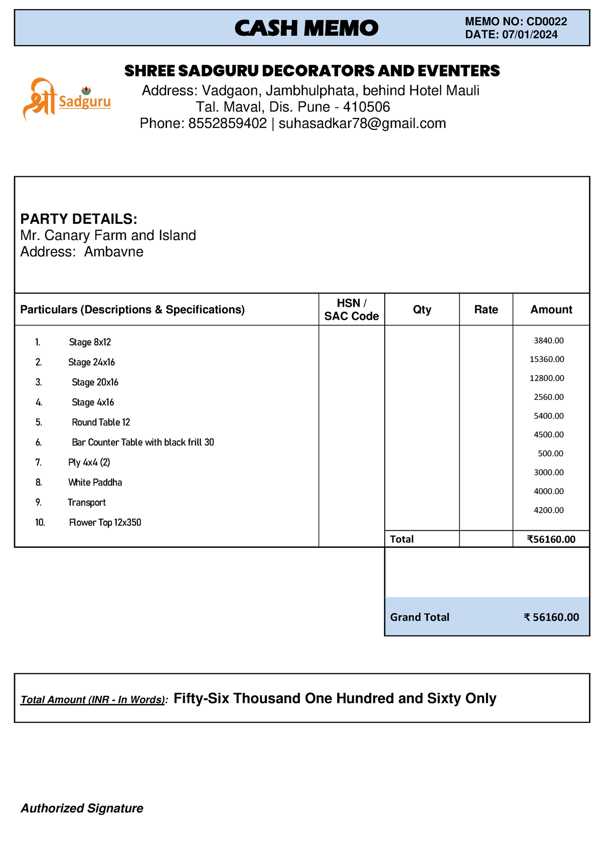 07 - HUH - CASH MEMO MEMO NO: CD 0022 DATE: 07 / 01 / 2024 SHREE ...