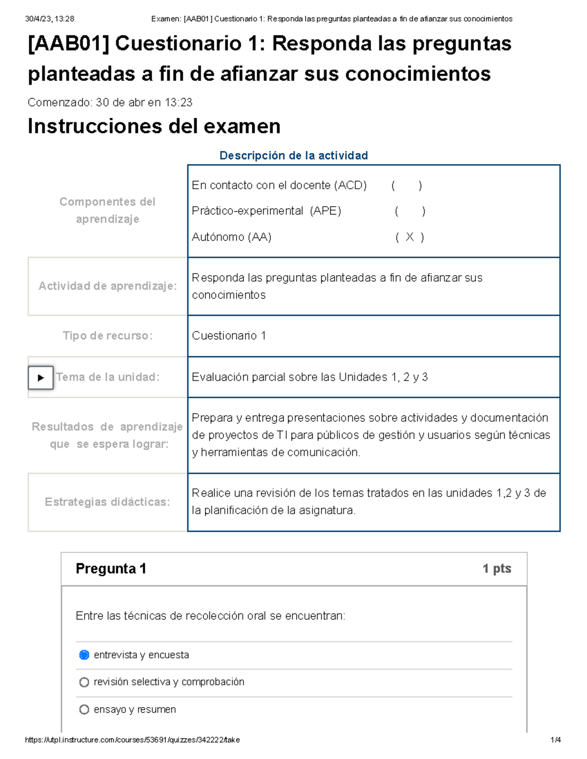 Cuestionario 1 B1 Comunicacion Tecnica Y PROF - [AAB01] Cuestionario 1 ...