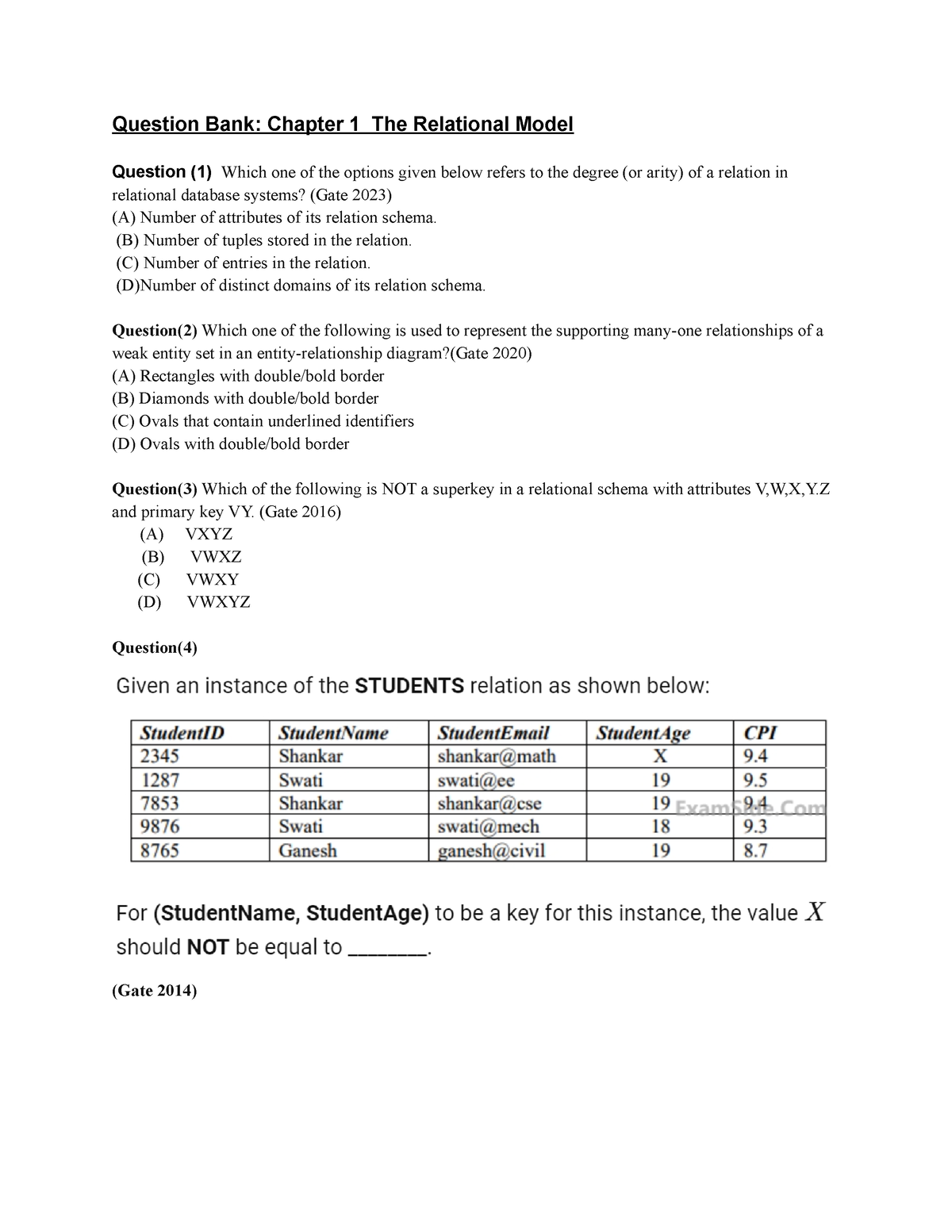 Question Bank Chapter 1 The Relational Model - (B) Number Of Tuples ...