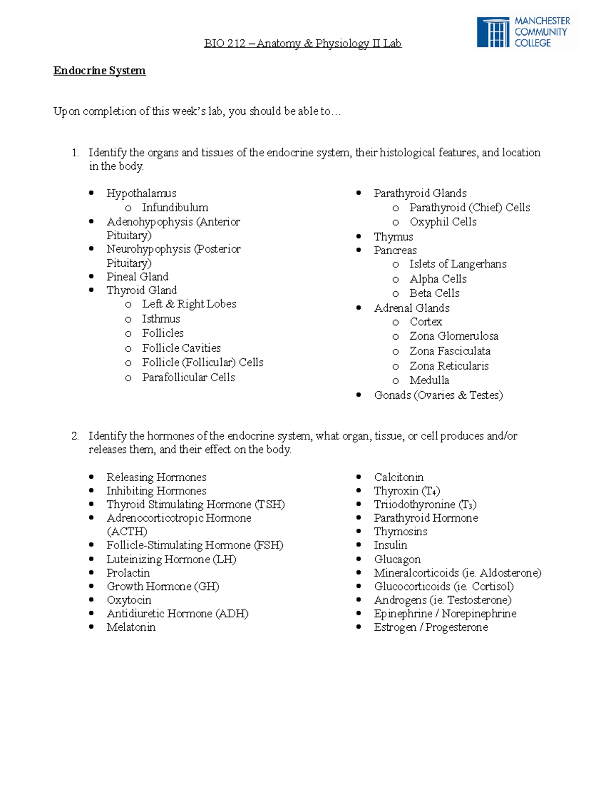 Lab 1 Endocrine System Terms To Know BIO 212 Anatomy & Physiology