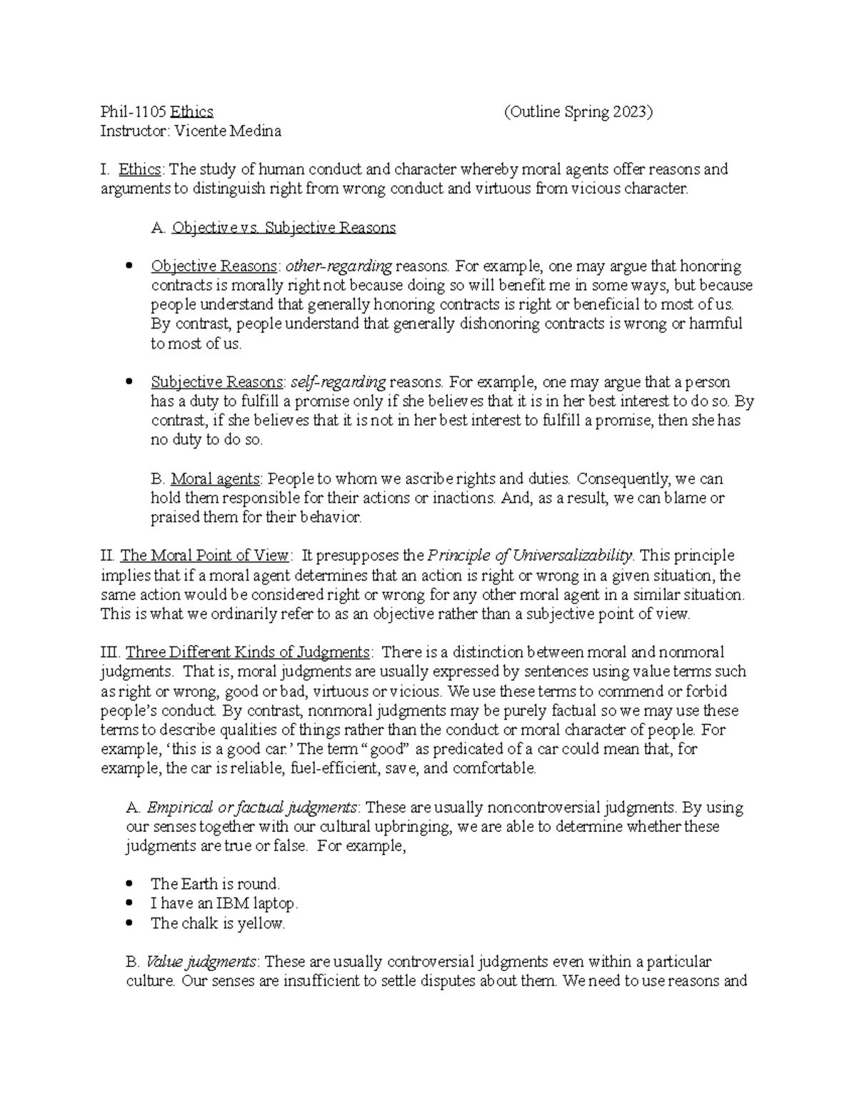 Ethics-Outline-Spring-2023 - Phil-1105 Ethics (Outline Spring 2023 ...