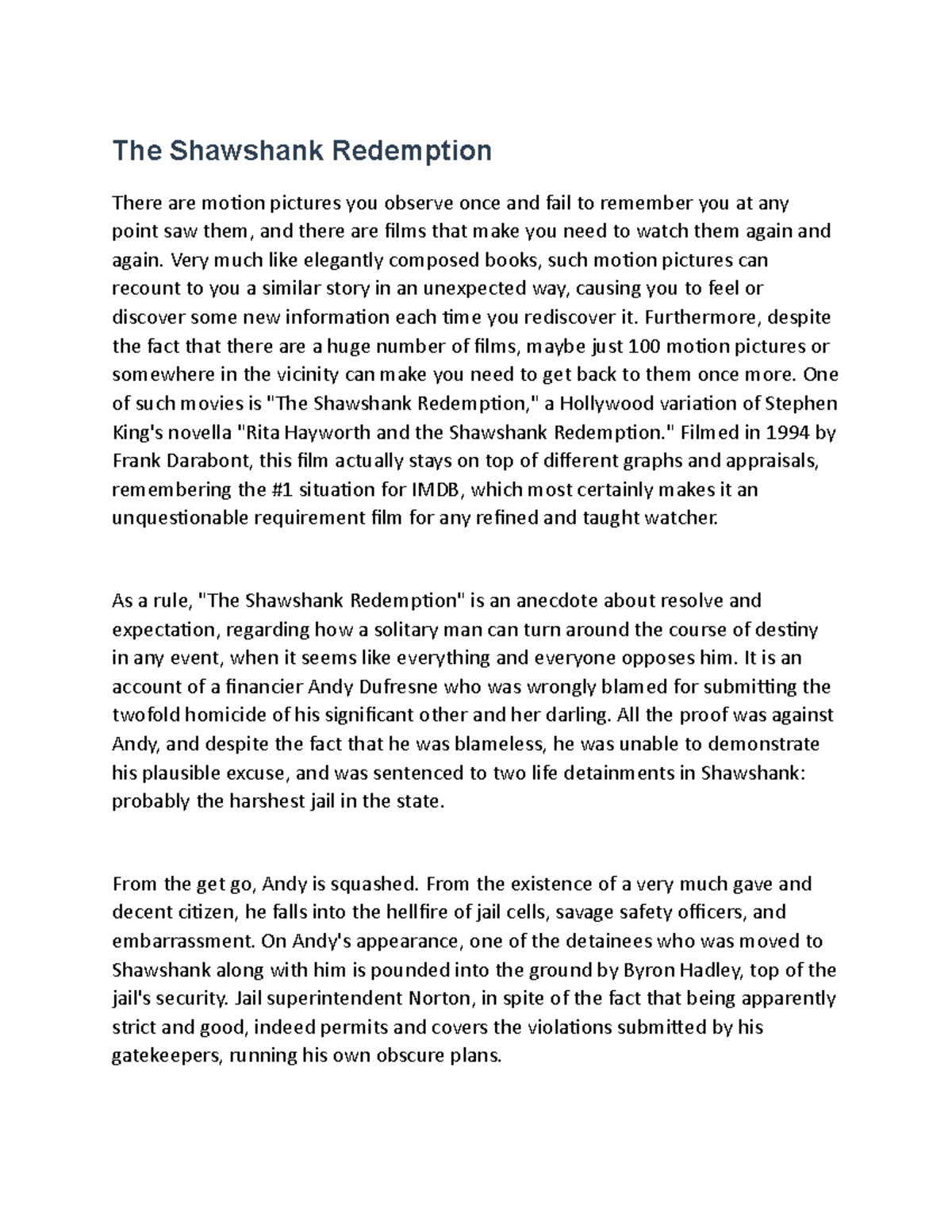 Article 15 - Lecture notes 2 - The Shawshank Redemption There are ...
