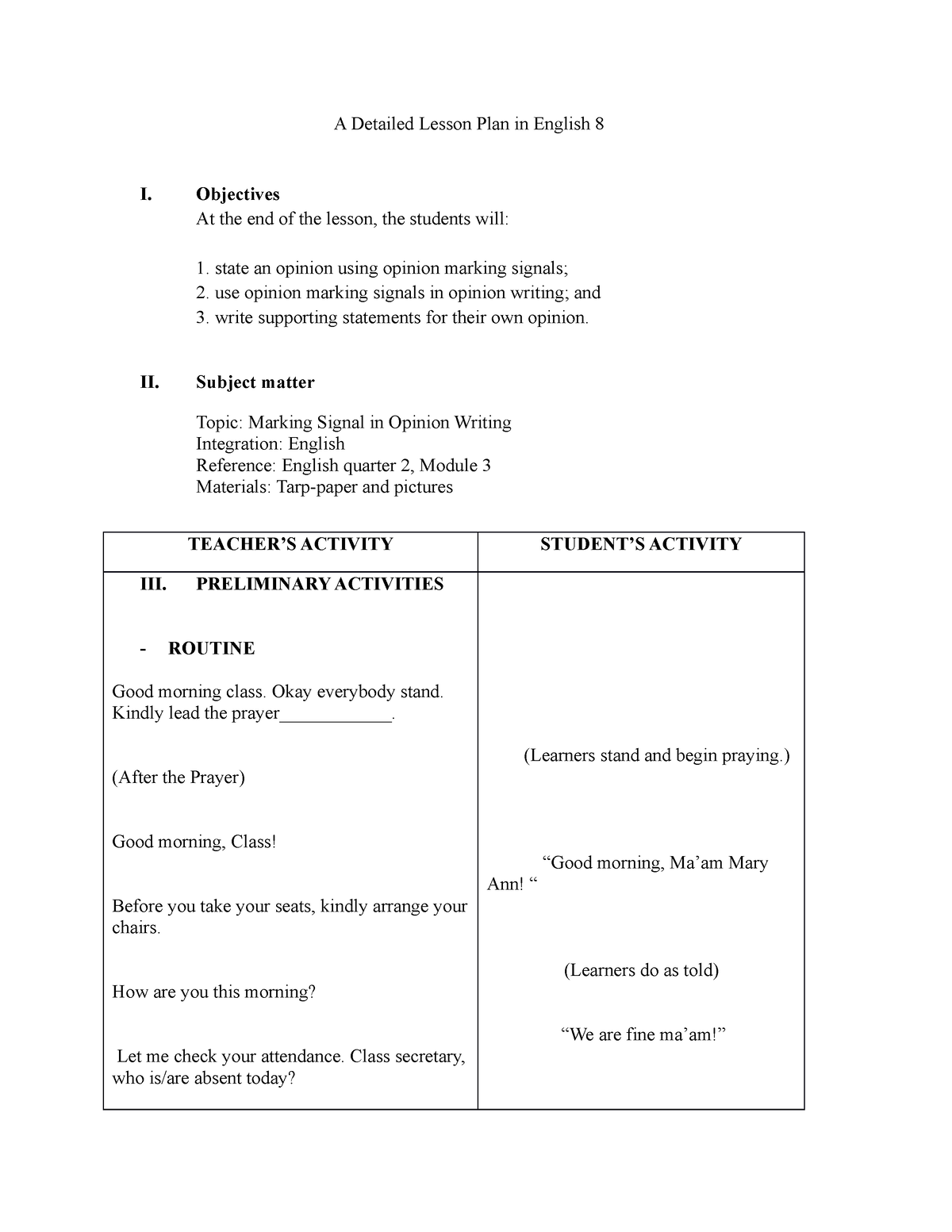 Marking signal in opinion writing - A Detailed Lesson Plan in English 8 ...