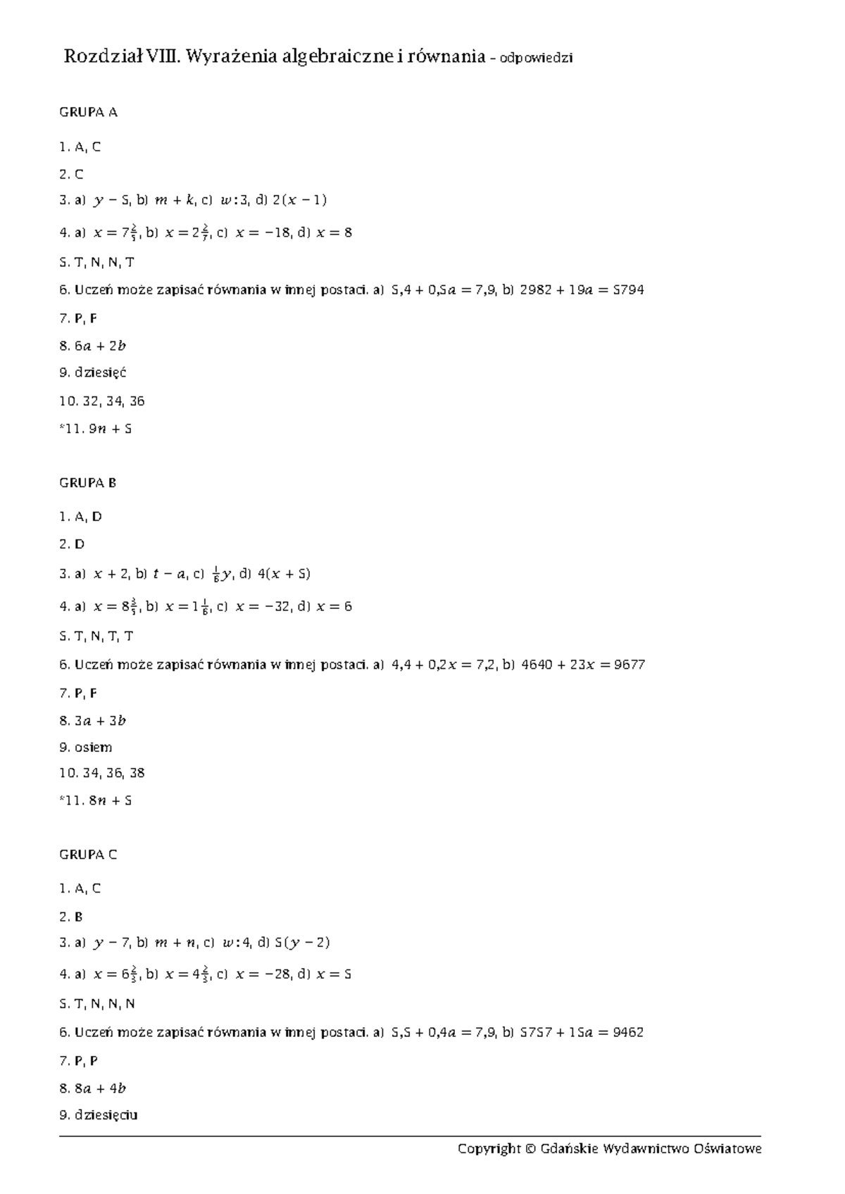 Matematyka - klasa 6 sprawdzian wyrażenia algebraiczne i równania