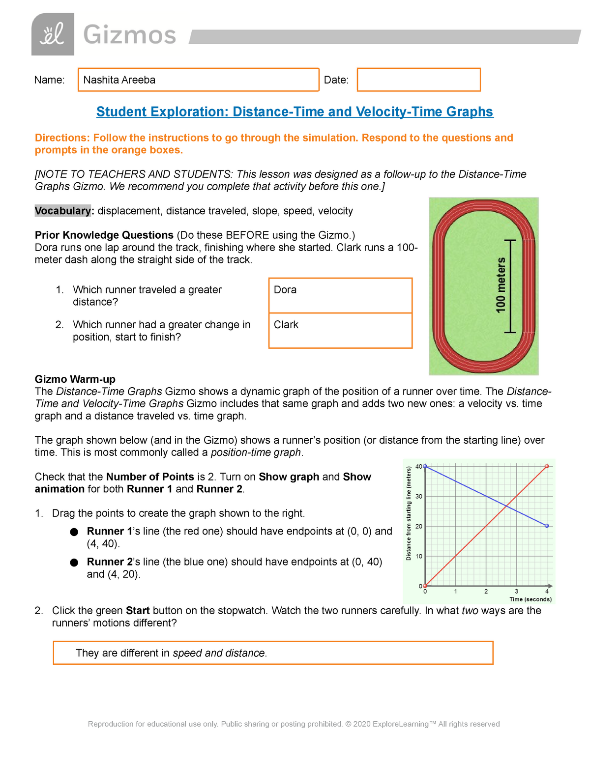 Student Exploration: Distance-Time and Velocity-Time Graphs Pertaining To Position Time Graph Worksheet