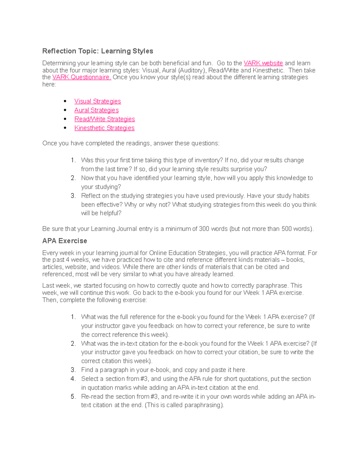 Learning journal - Week 7 - Reflection Topic: Learning Styles ...