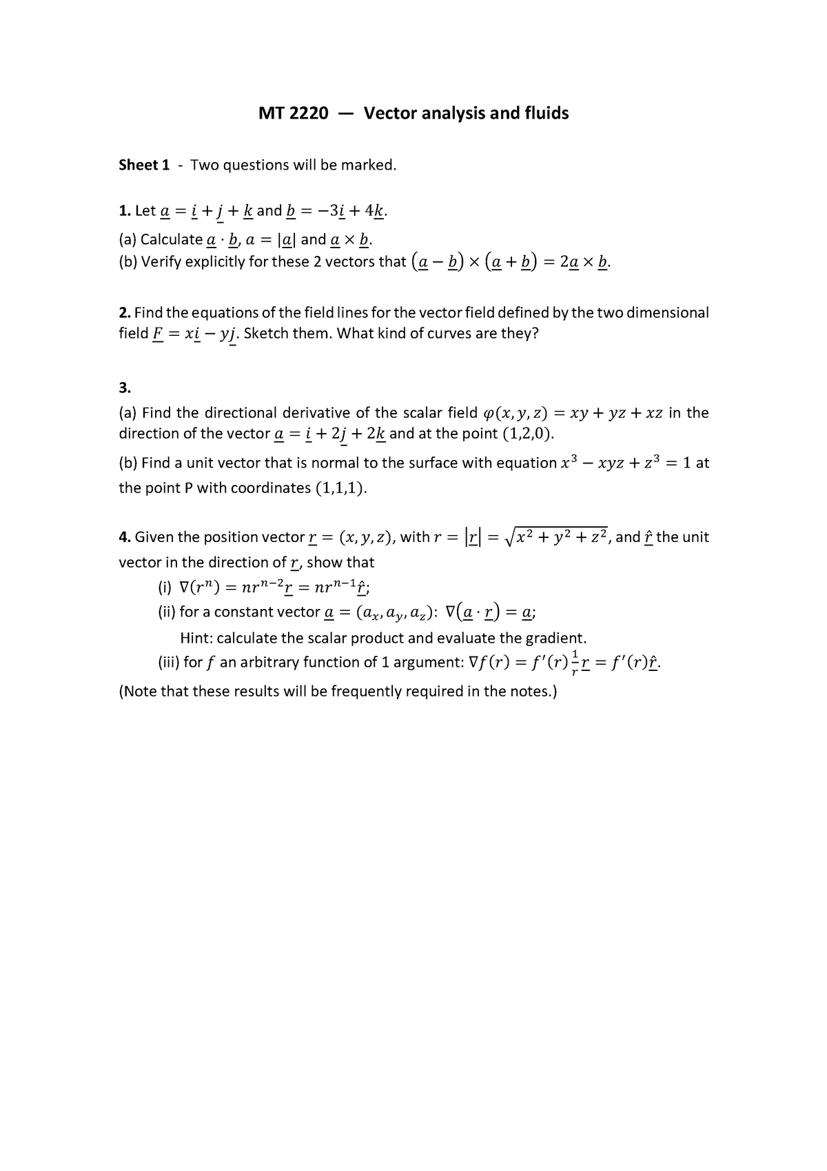 Mt22 Sheet 1 Vector Analysis And Fluids Studocu