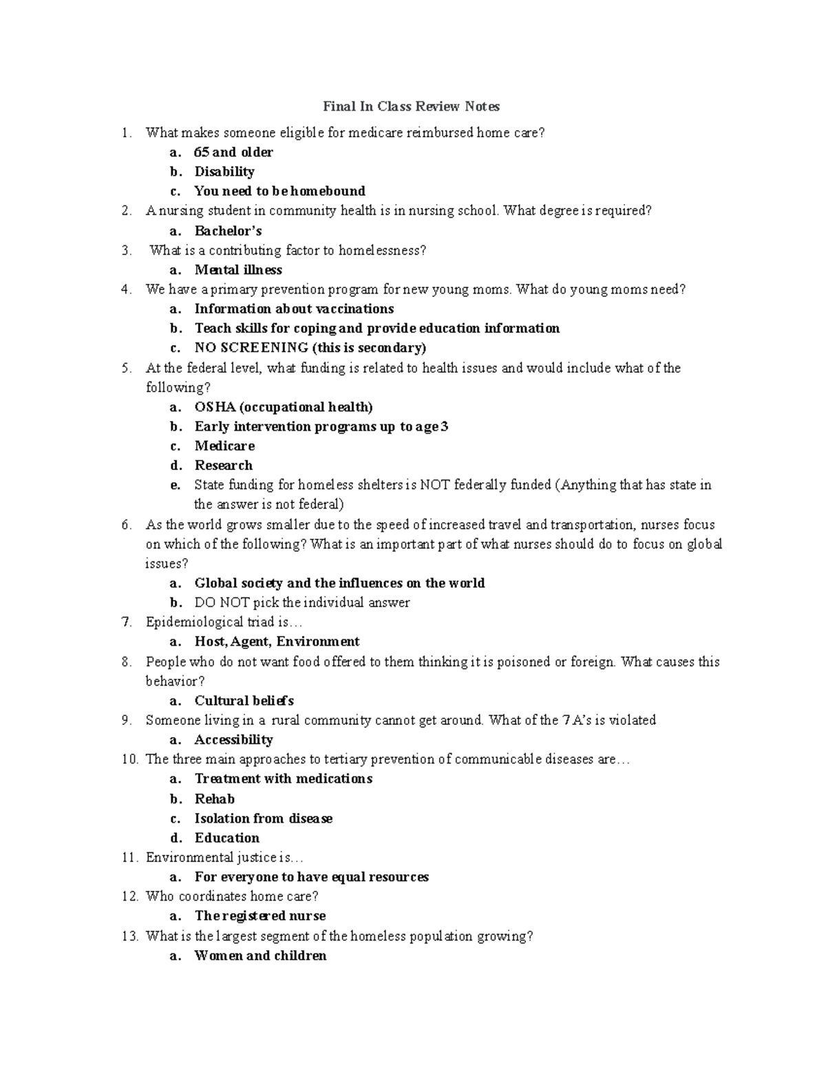 Community Final Exam review - Final In Class Review Notes What makes ...