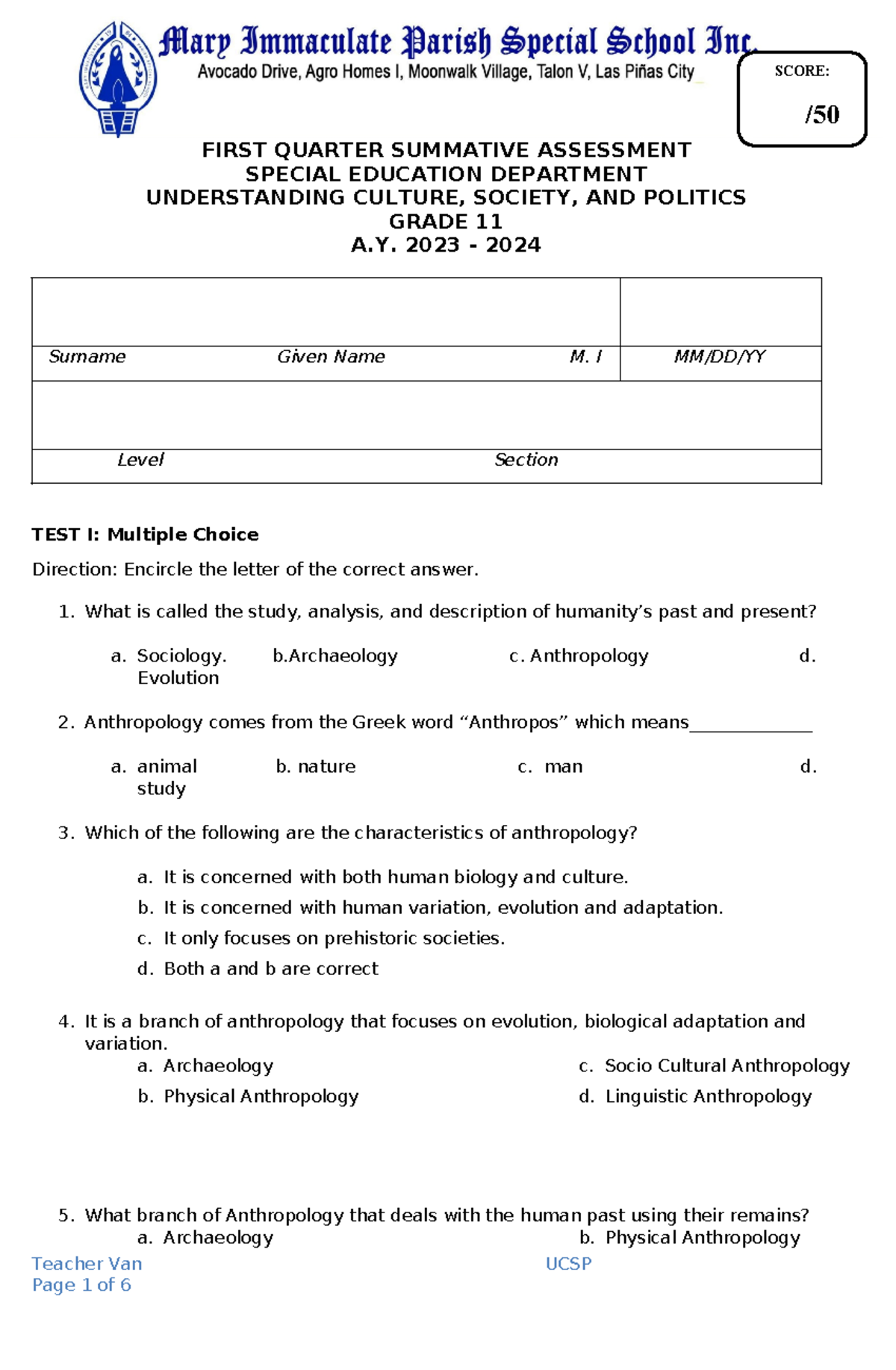 1st QSA UCSP GR11 2023-2024 - FIRST QUARTER SUMMATIVE ASSESSMENT ...