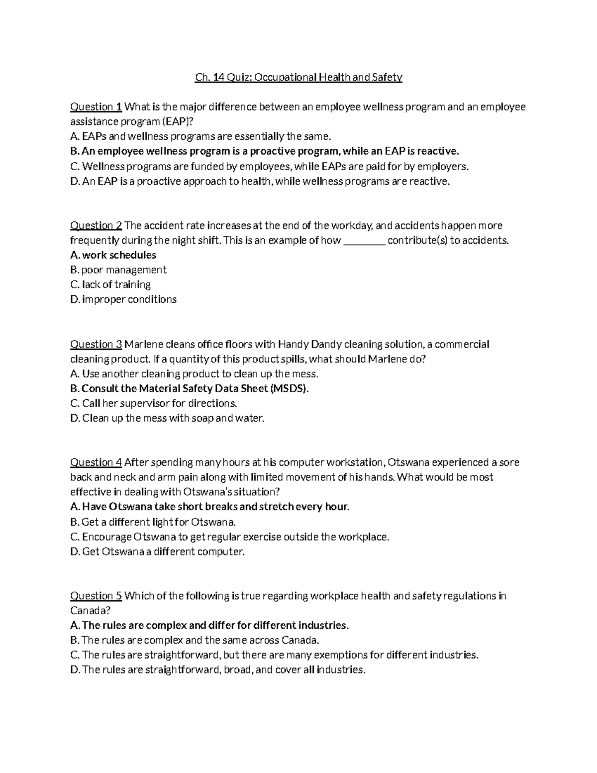 Ch. 14 Quiz Occupational Health and Safety Ch. 14 Quiz Occupational