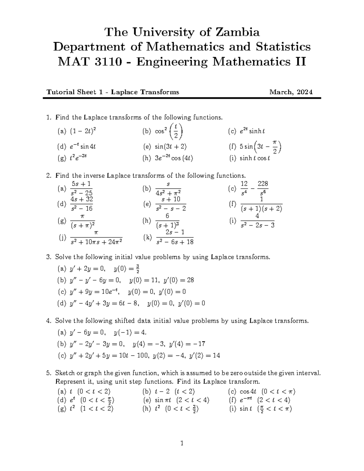 Mat 3110 Tutorial Sheet 1 2023 24 The University Of Zambia Department