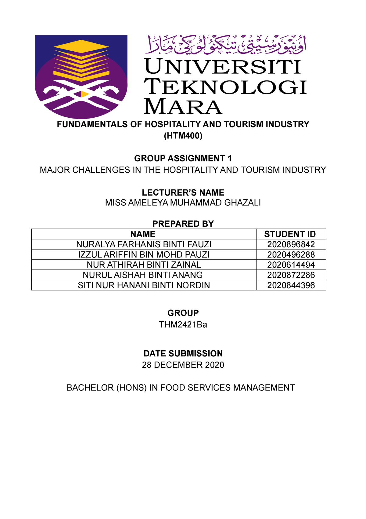 Assignment 1 Group HTM400 - FUNDAMENTALS OF HOSPITALITY AND TOURISM ...