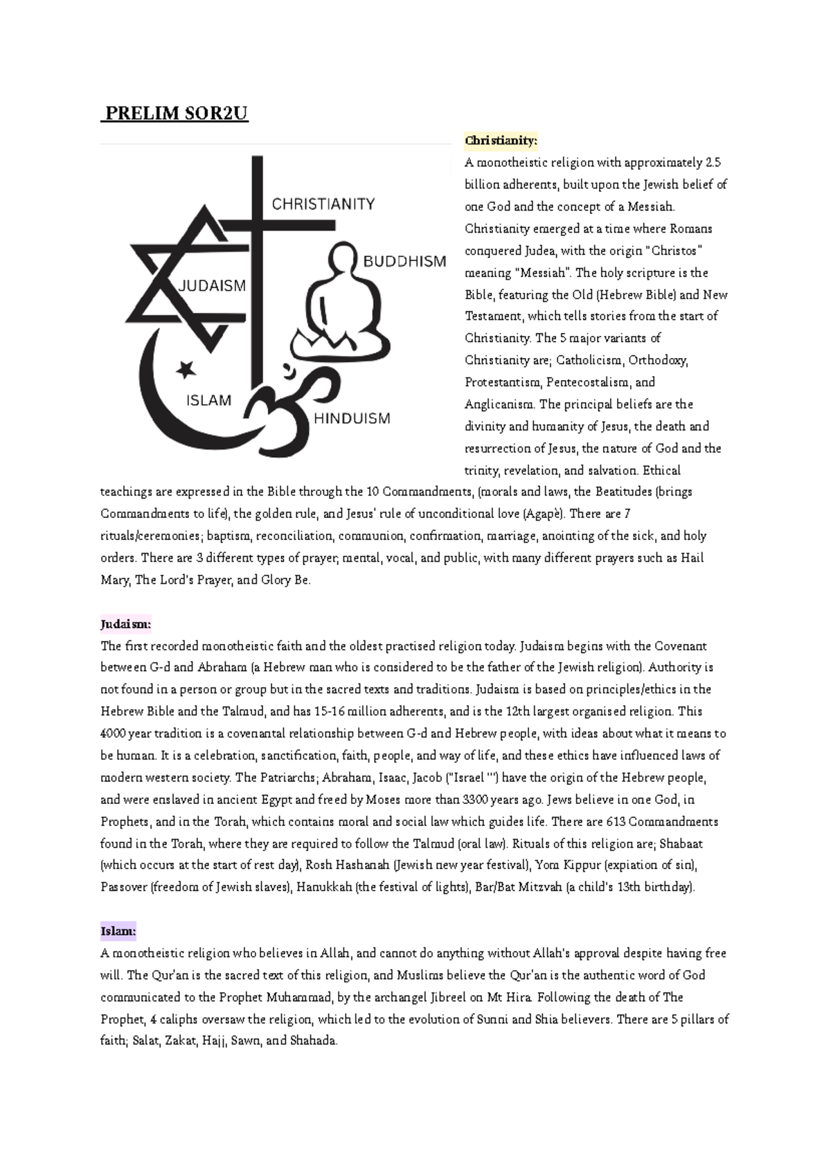 Y11 Studies OF Religion 2U Study Notes - PRELIM SOR2U Christianity: A ...