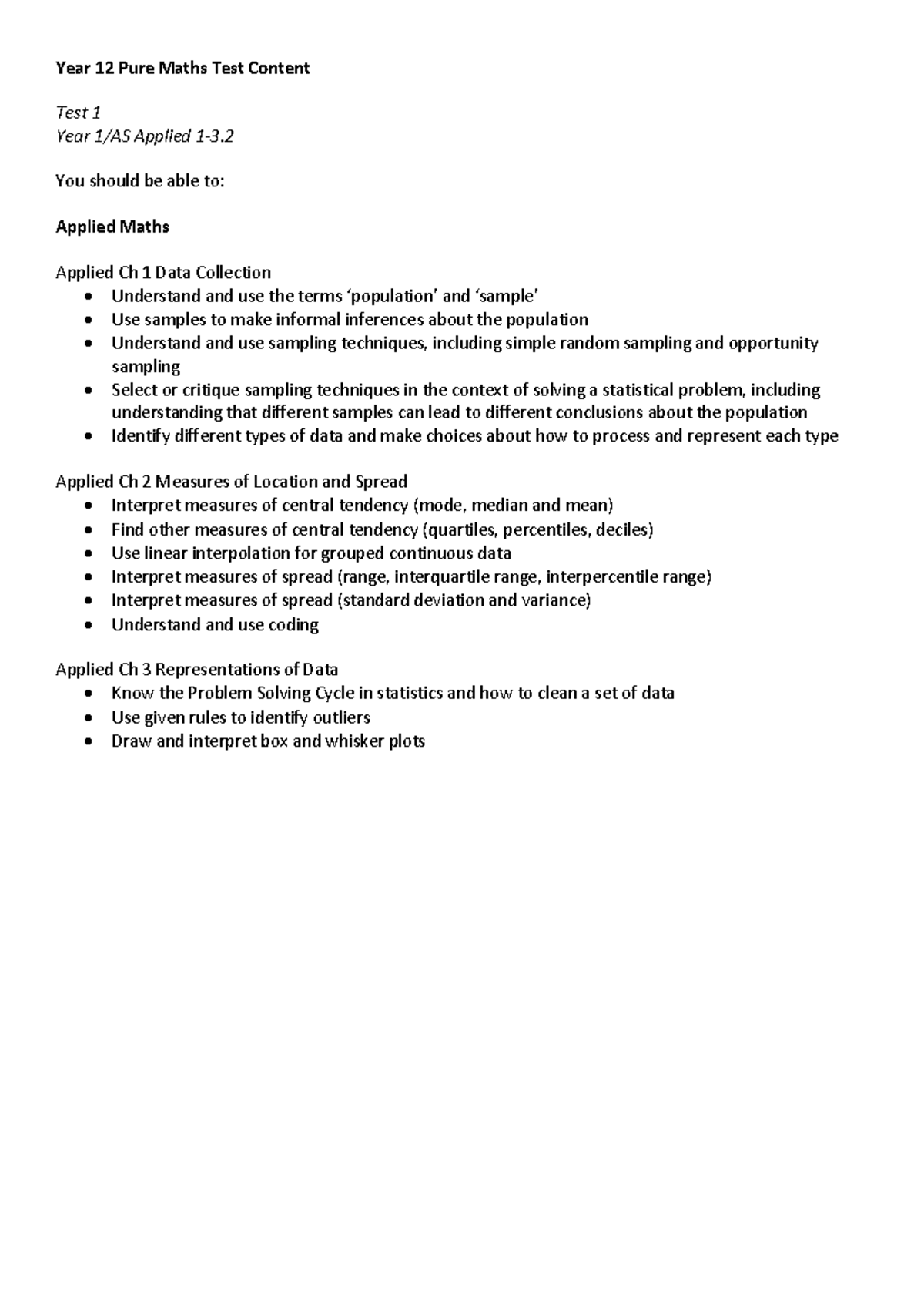 Year 12 Ma Applied Test 1 Content 2024 - Year 1 2 Pure Maths Test ...