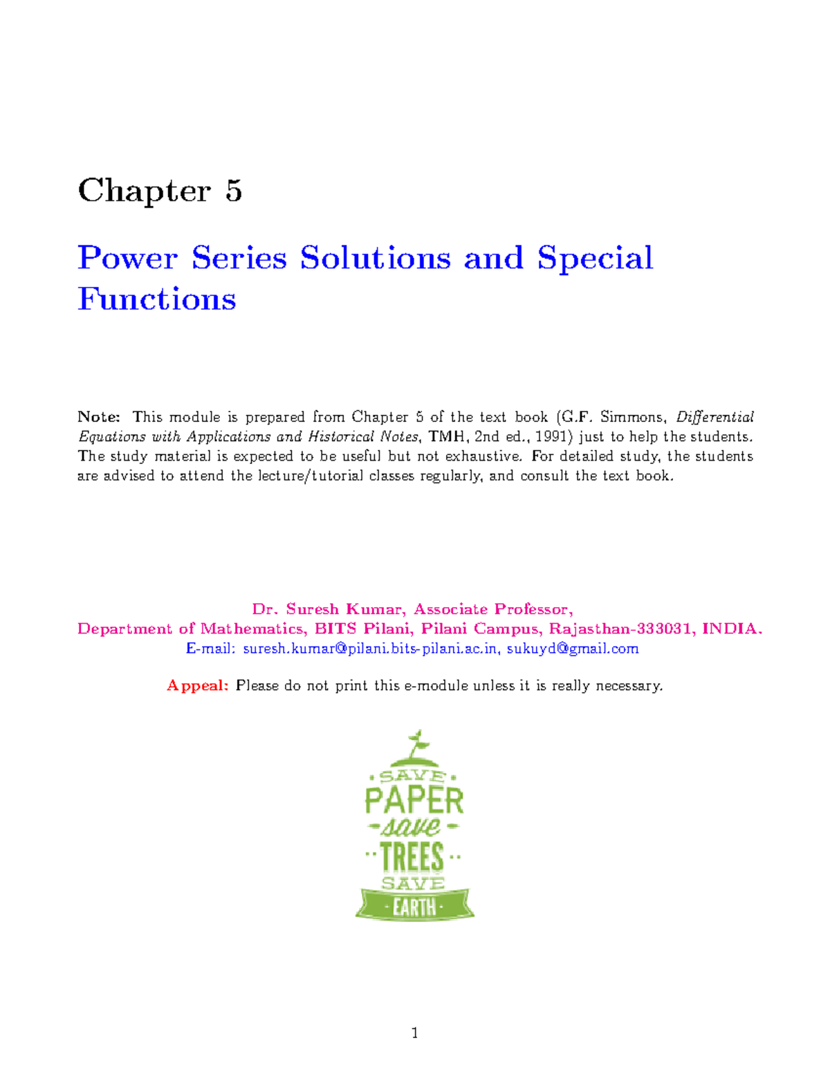 Chapter 5 Power Series Solutions And Special Functions - Mathematics ...