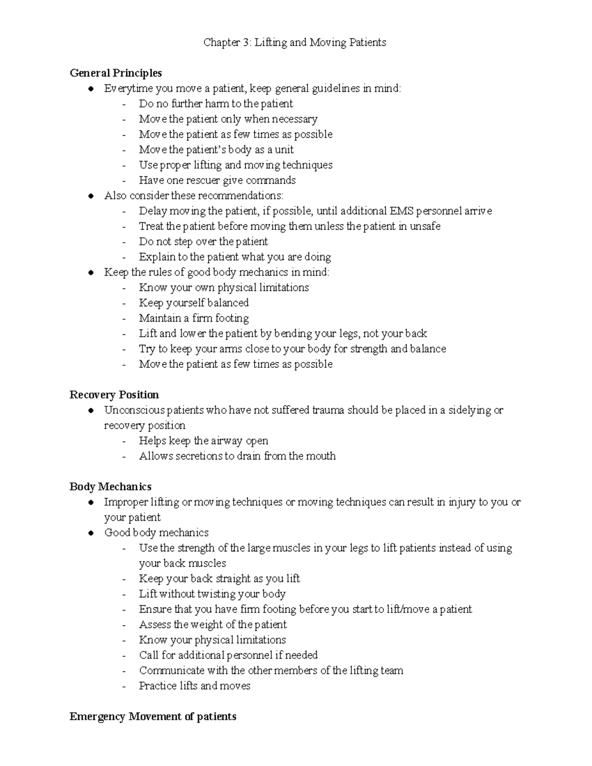 Chapter 3 Notes Chapter 3 Lifting and Moving Patients General