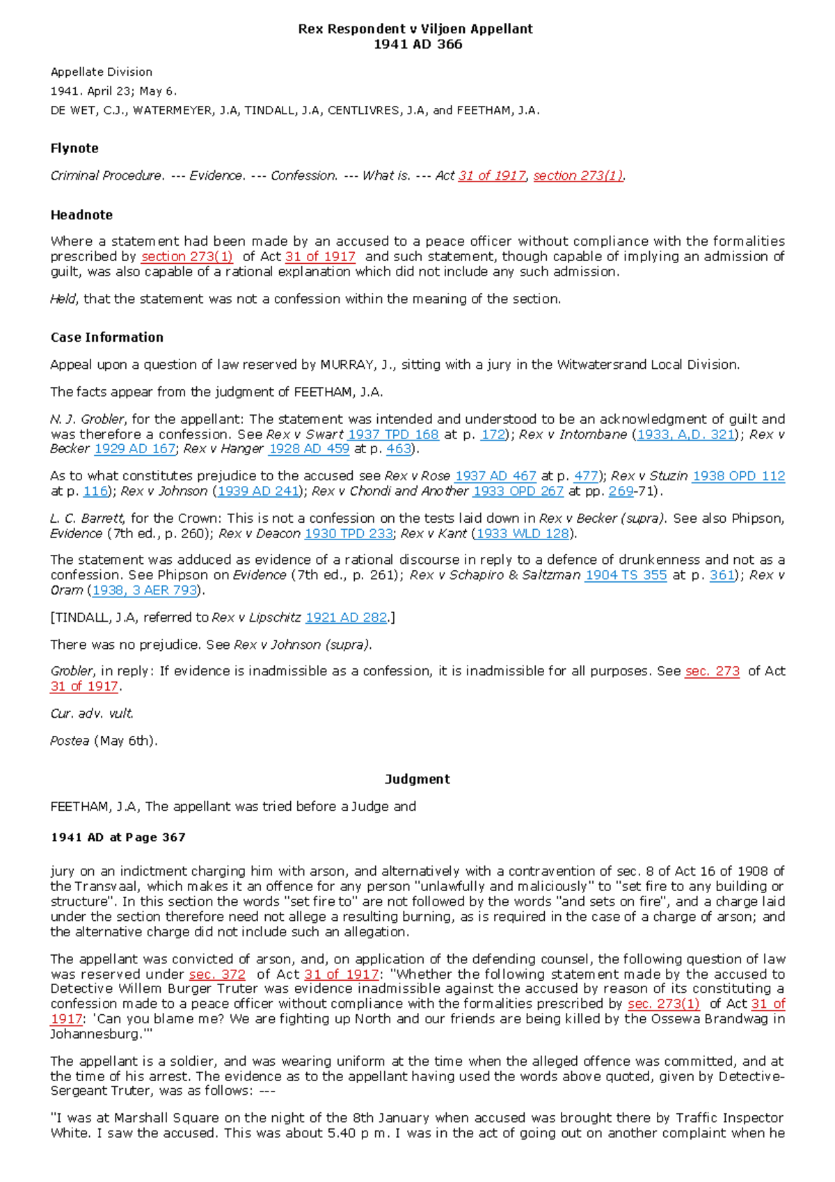 Rex Respondent v Viljoen Appellant 1941 AD 366 - DE WET, C., WATERMEYER ...