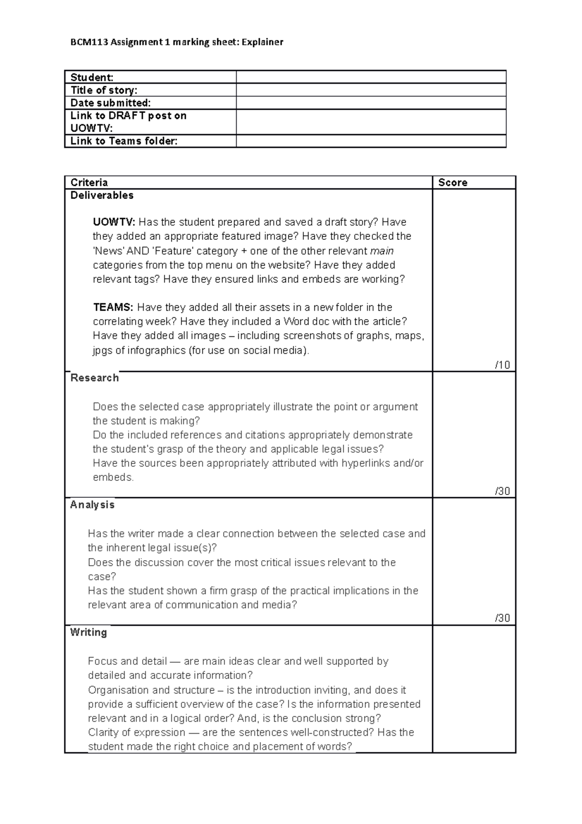 Assignment 1 marking sheet - Legal explainer - BCM113 Assignment 1 ...