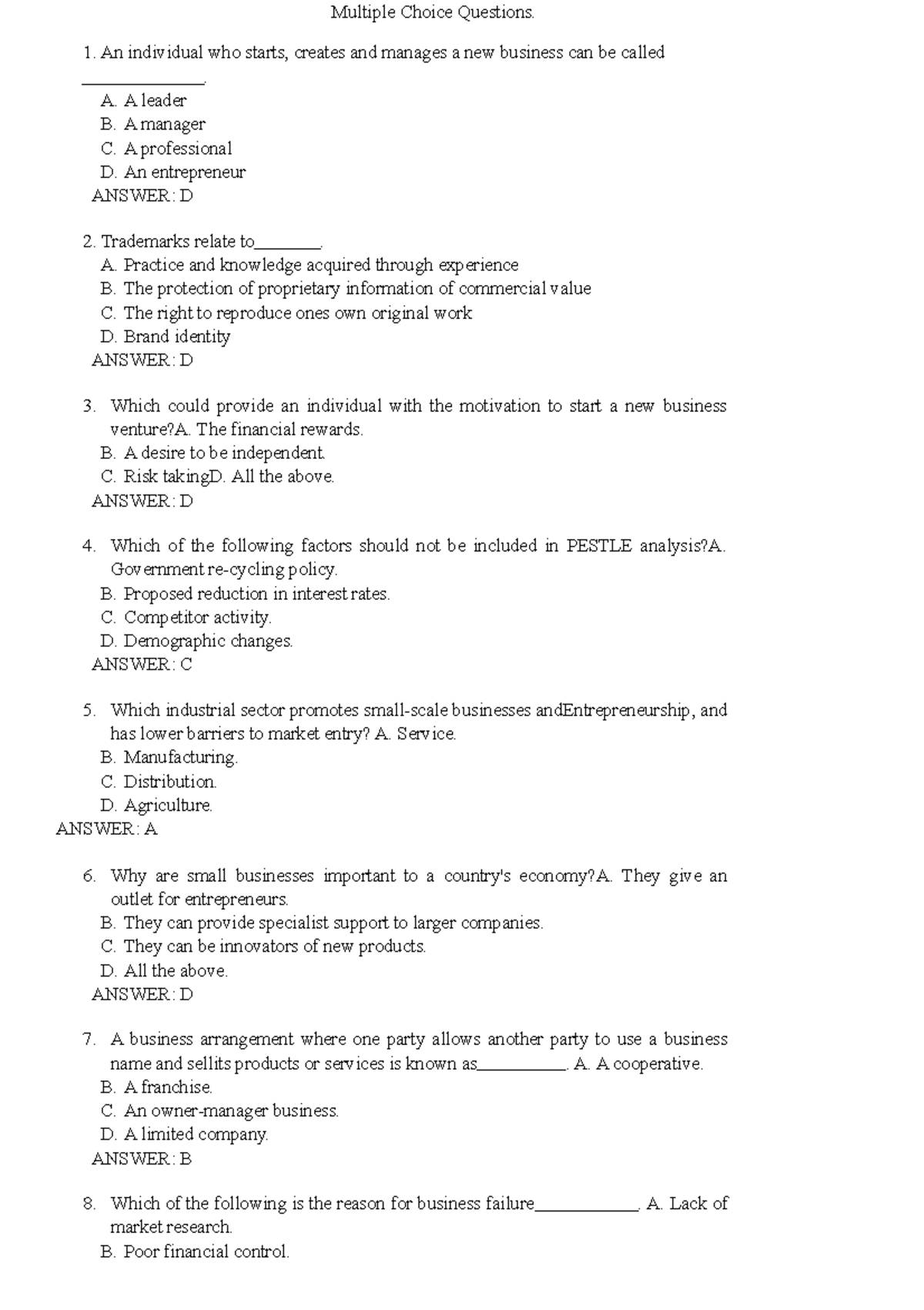 Entrepreneurship Multiple Choice Questions Multiple Choice Questions