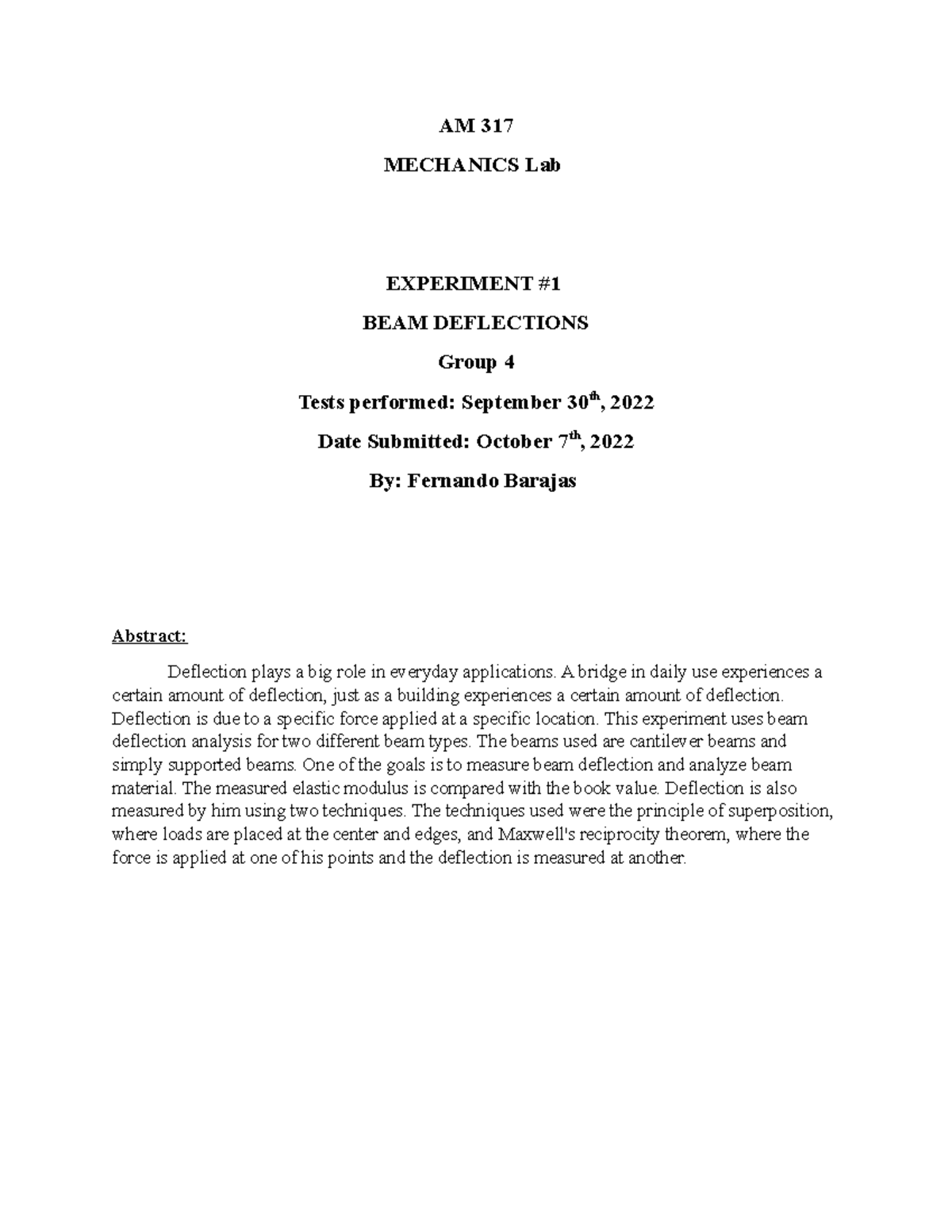 AM317 Exp1-1 - report - AM 317 MECHANICS Lab EXPERIMENT BEAM ...