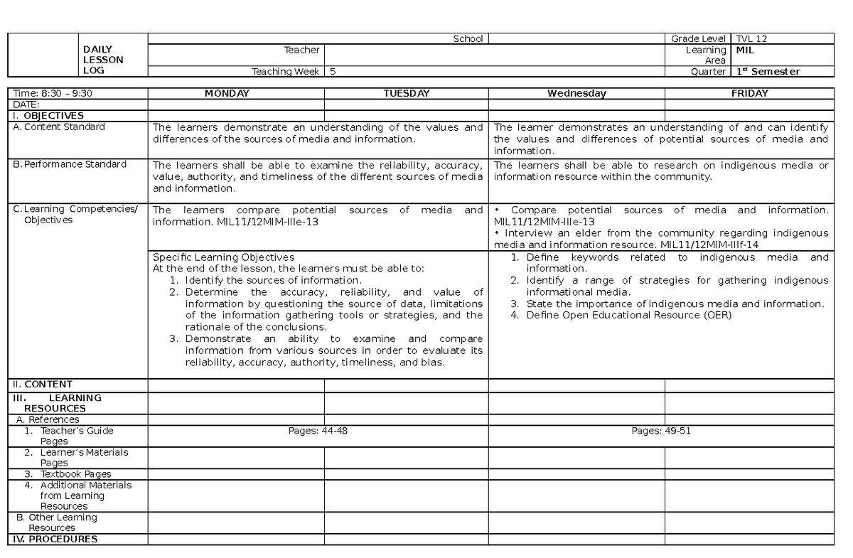 Week 5 MIL - Lesson Plan in Media and Information Literacy First ...