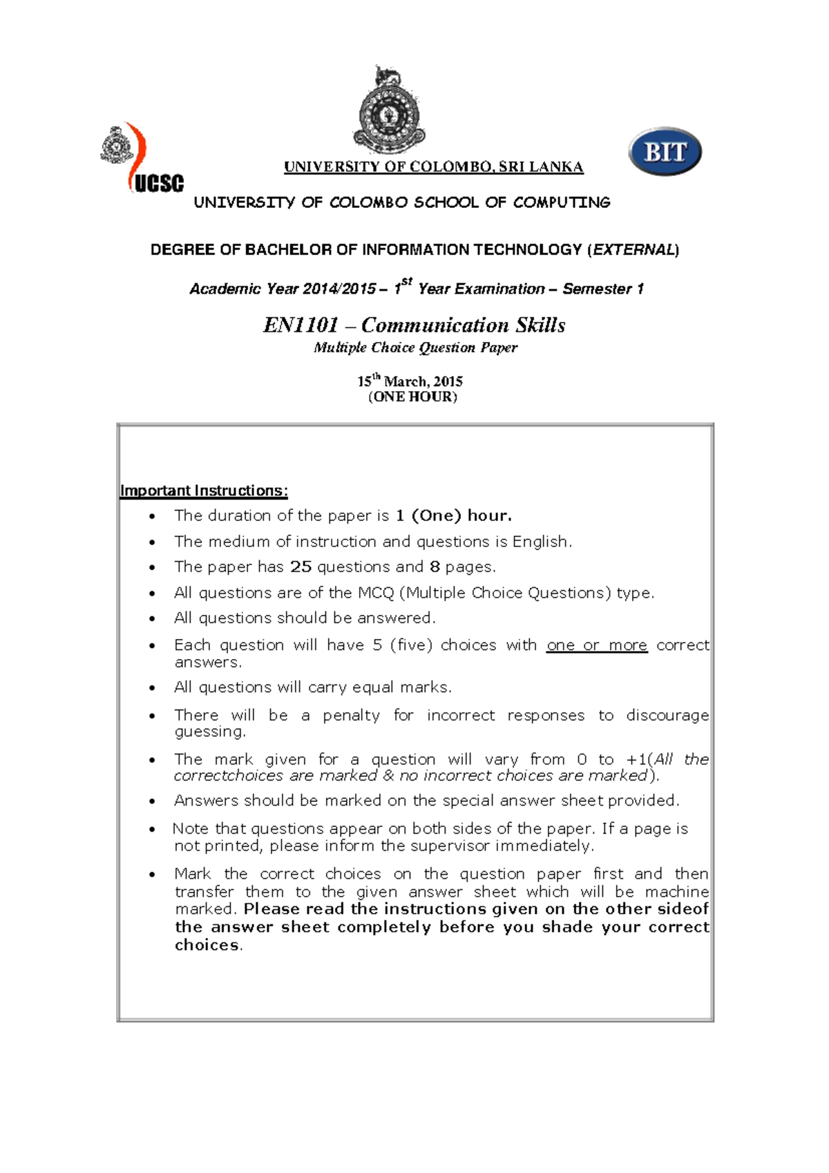BIT Exam past papers for local indivi - UNIVERSITY OF COLOMBO, SRI ...