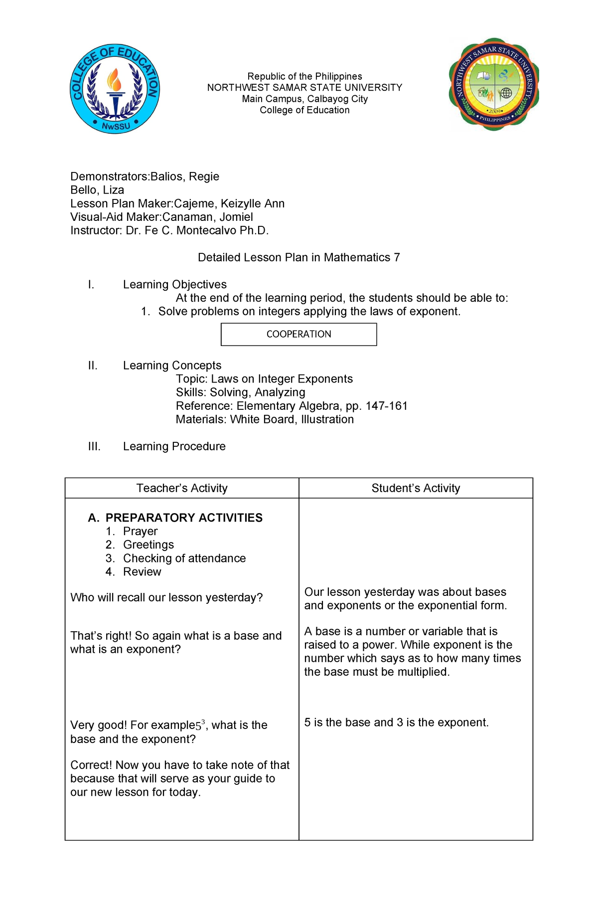 Lesson Plan - Laws of Exponents - Republic of the Philippines NORTHWEST ...