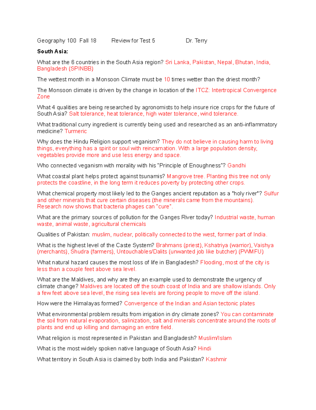Test 5 Review - Study guide for test 5 in GRY 100. - Geography 100 Fall ...