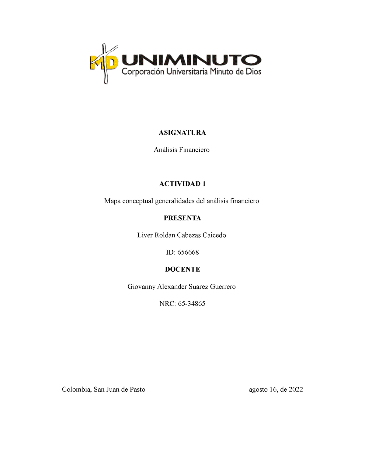 Actividad 1 Analisis Financiero - ASIGNATURA Análisis Financiero ...