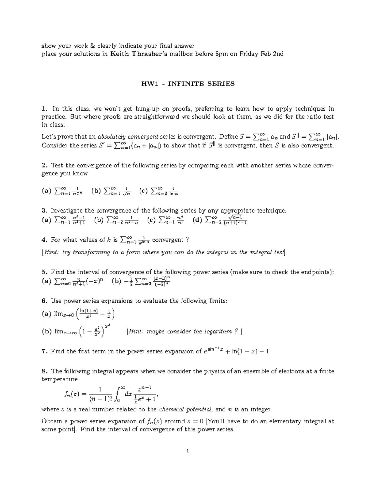 Hw1 Series - HW1 - Show Your Work & Clearly Indicate Your Final Answer ...