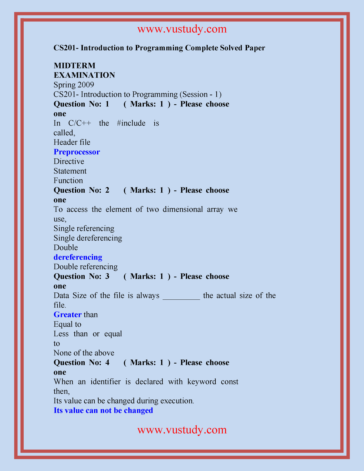 Cs201 Midterm Solved Mcqs With Reference 2 - CS201- Introduction To ...