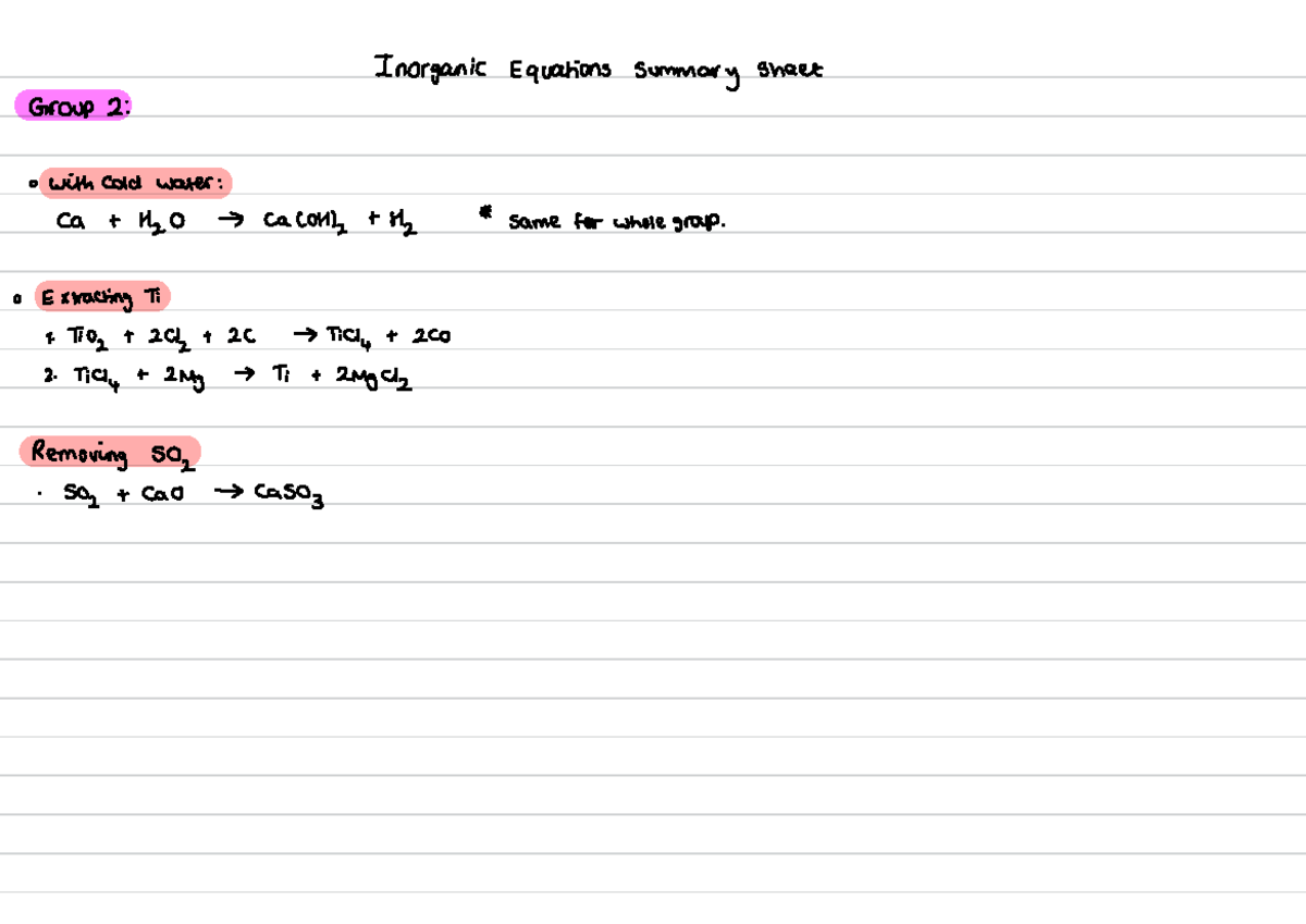 Inorganic Equations - · Extracting Ti Ti + 2( + 2) - > TiCy + 2 TiCly ...